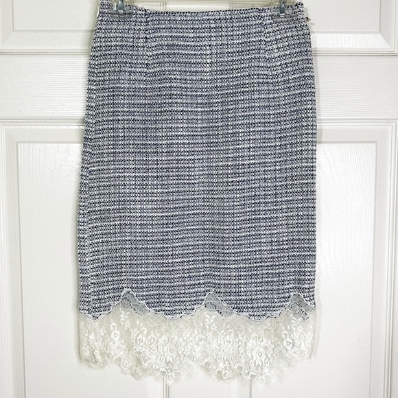 NWOT KAKI.de Paris Tweed Lace Trim Pencil Skirt Blue Women’s Sz M - Picture 1 of 9